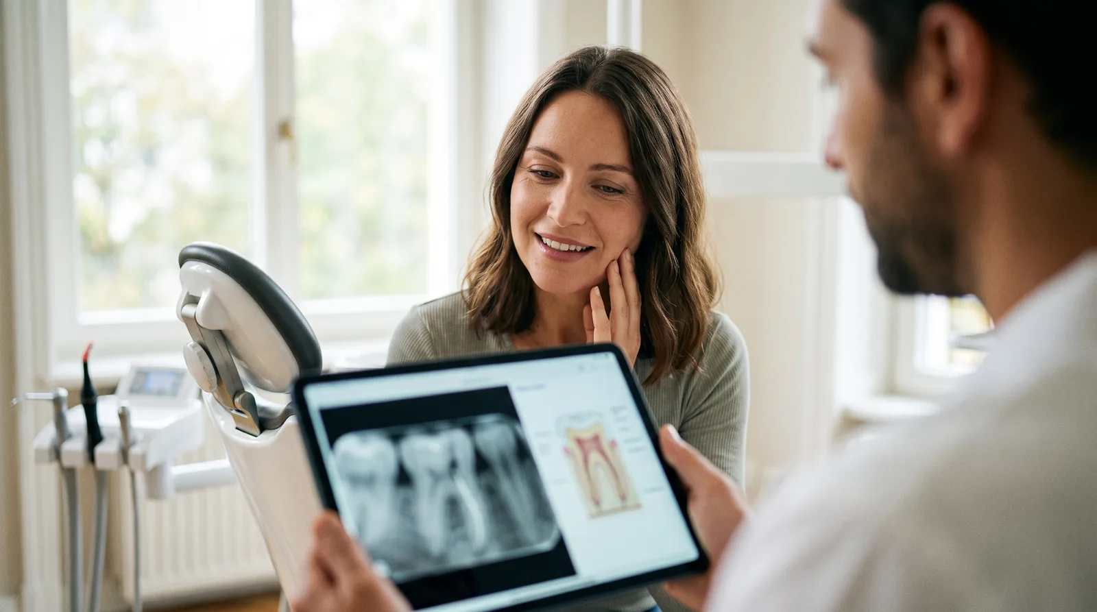 Illustration showing a root canal and cracked tooth being examined by a Van Nuys dentist