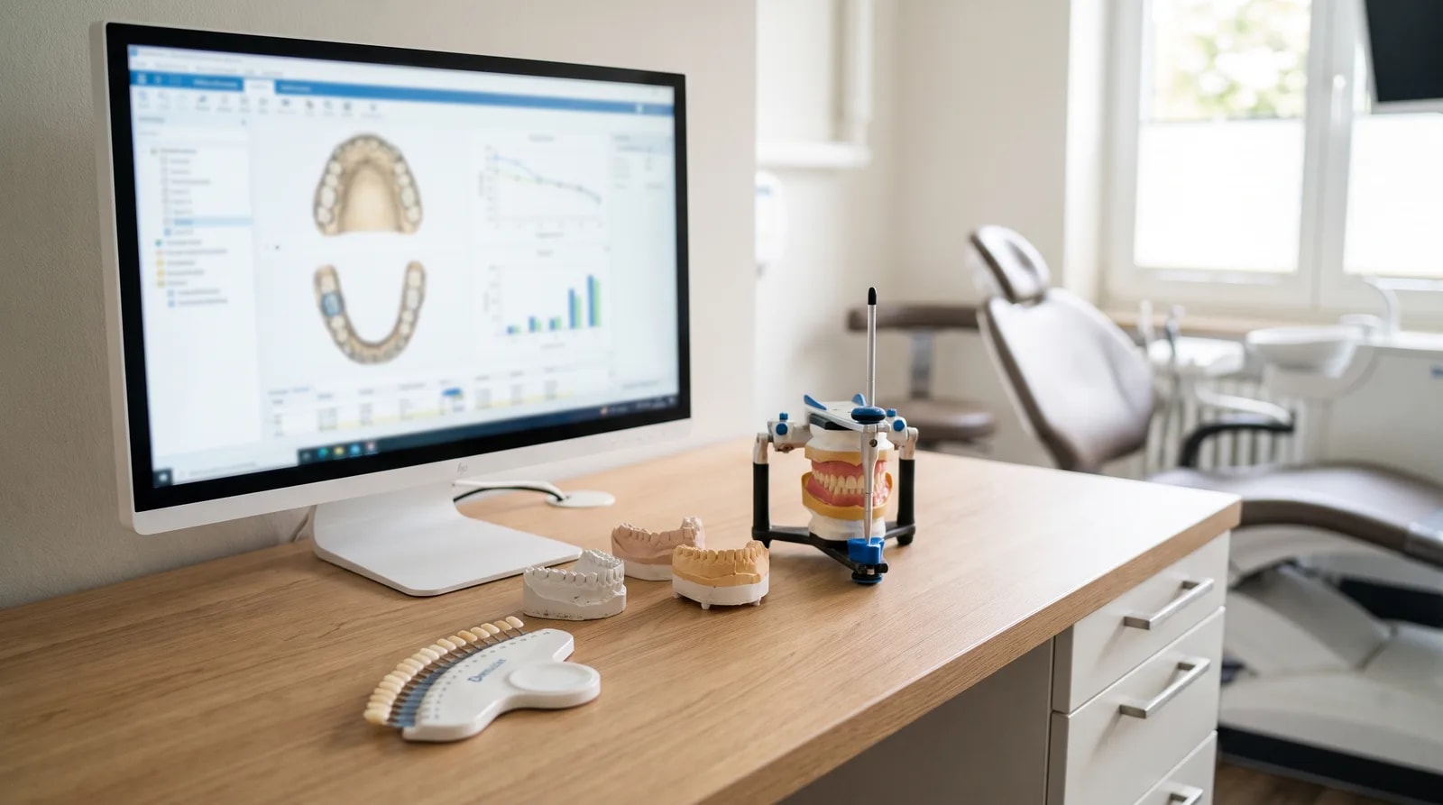 Digital smile design workstation with study models and a shade guide used to plan a smile makeover
