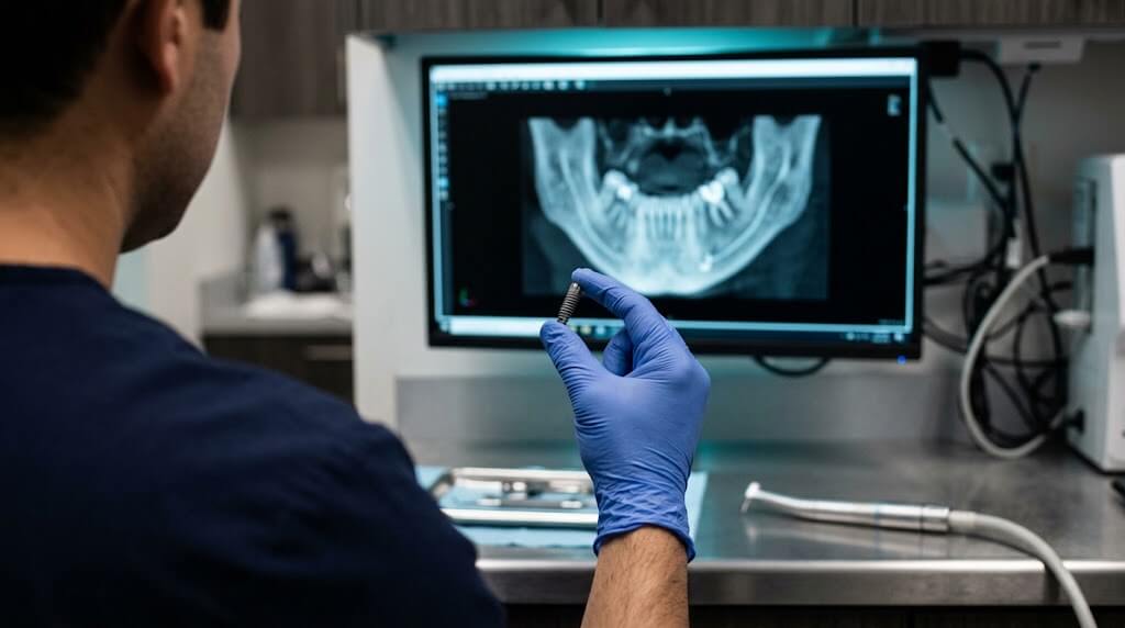 Dentist reviewing a 3D CT scan while planning dental implants Van Nuys treatment for a patient