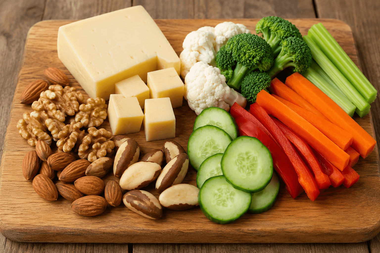 Healthy Foods for Teeth Cheese Nuts Vegetables on Cutting Board