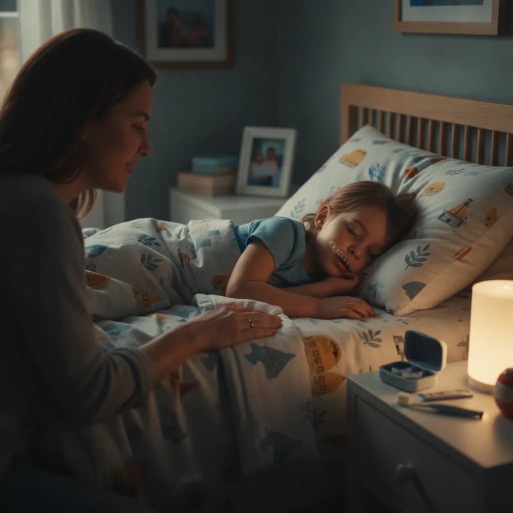 Young Child Sleeping Peacefully in Bed Night Scene Soft Light