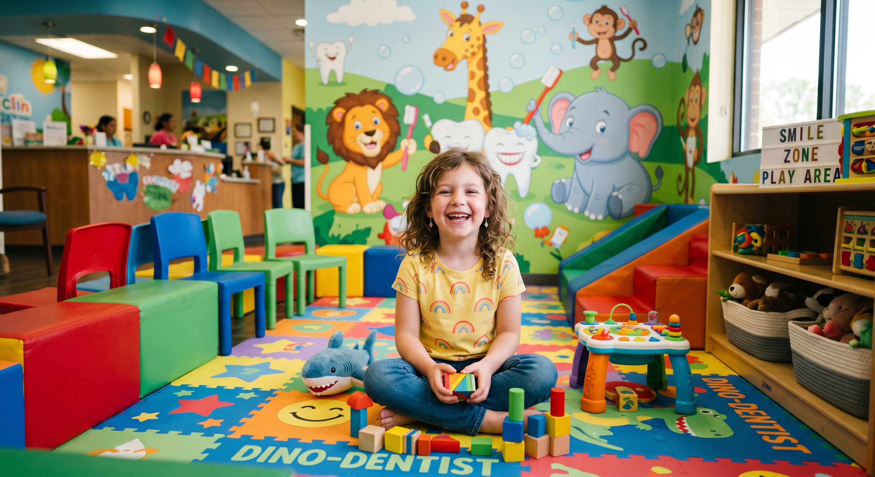 Happy Child Smiling in a Colorful Dental Office Play Area