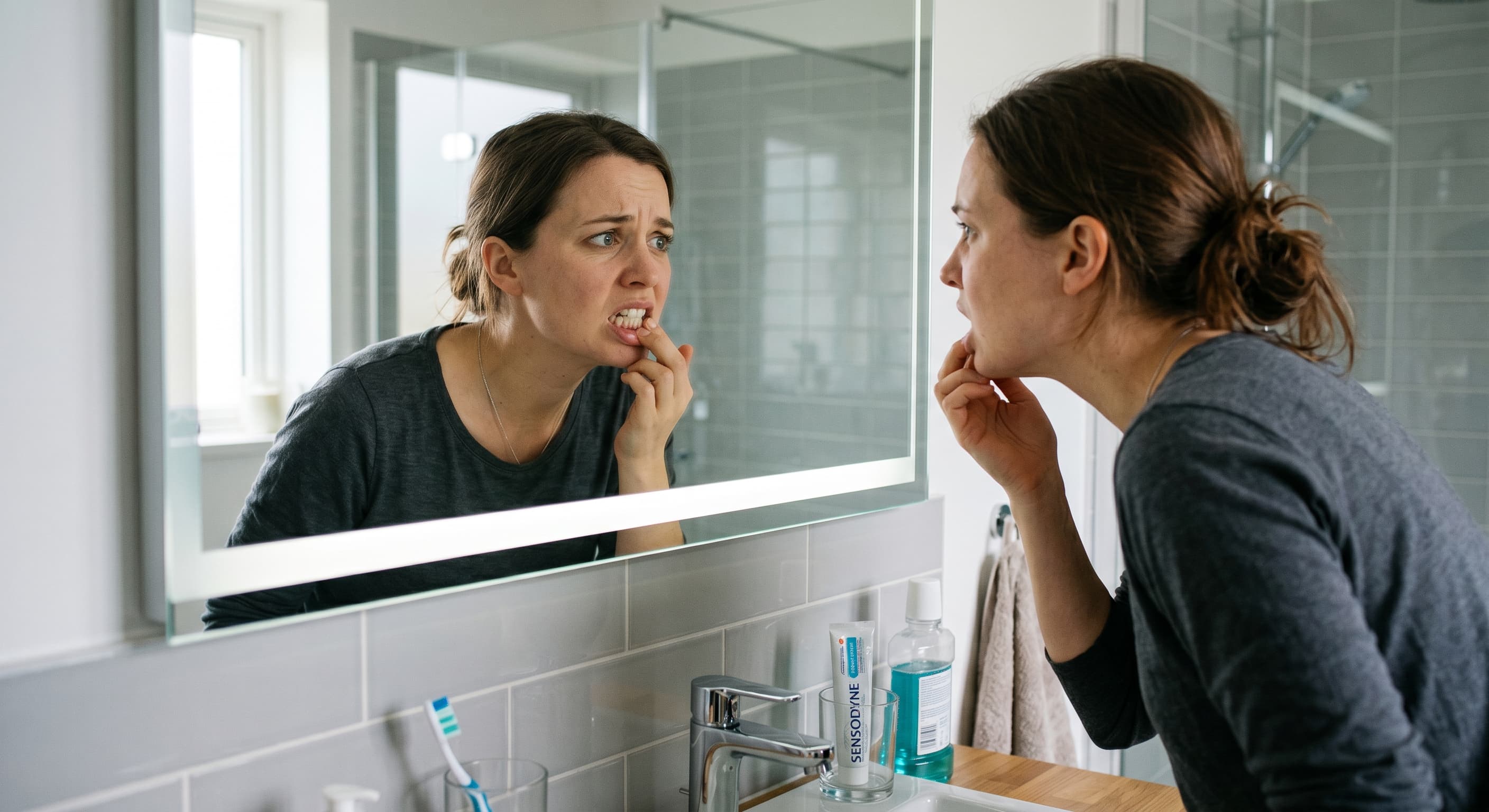 Person Looking in Mirror Checking Teeth Worried Expression