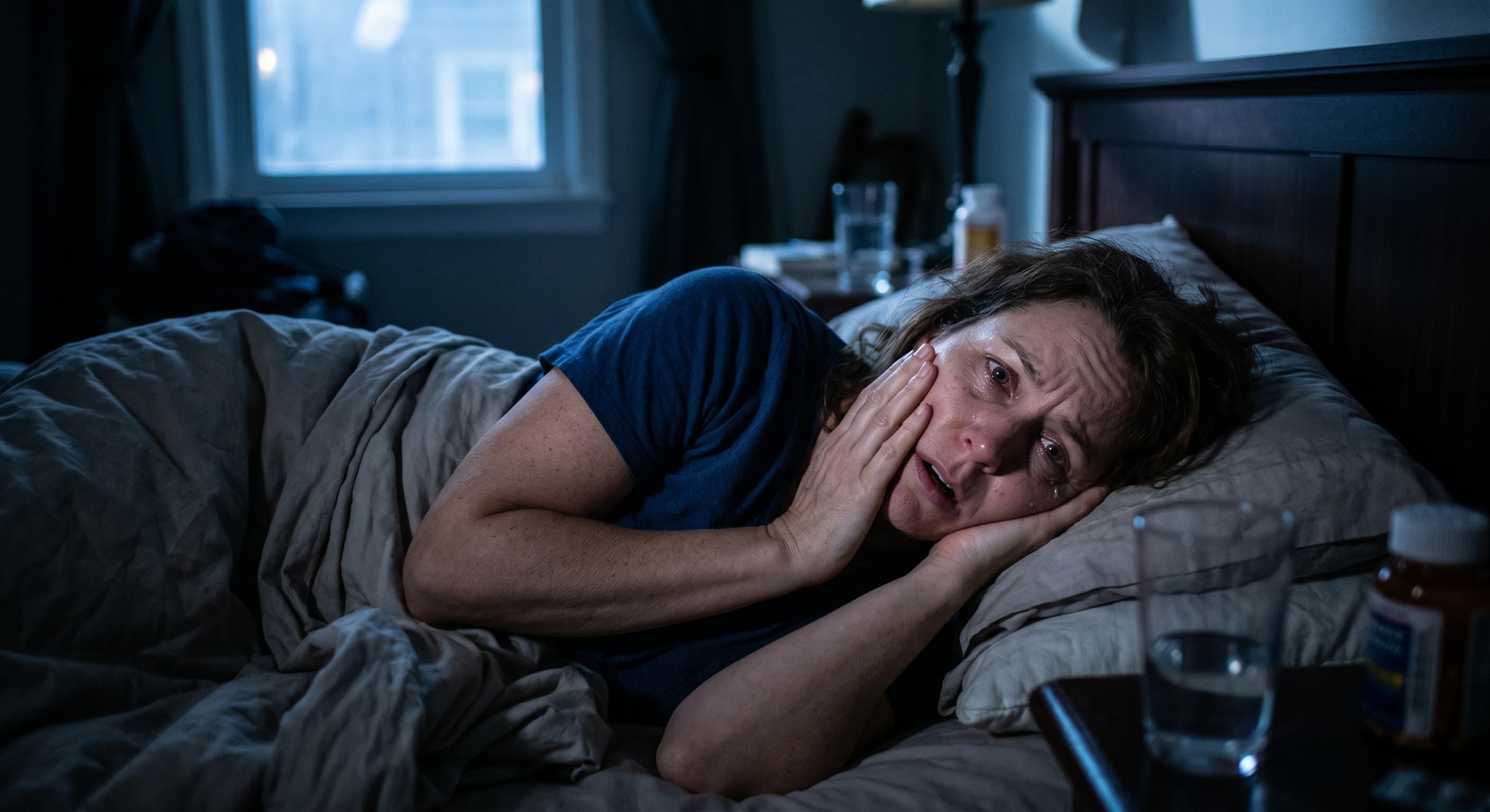 Person Lying Awake at Night Holding Jaw Toothache Pain