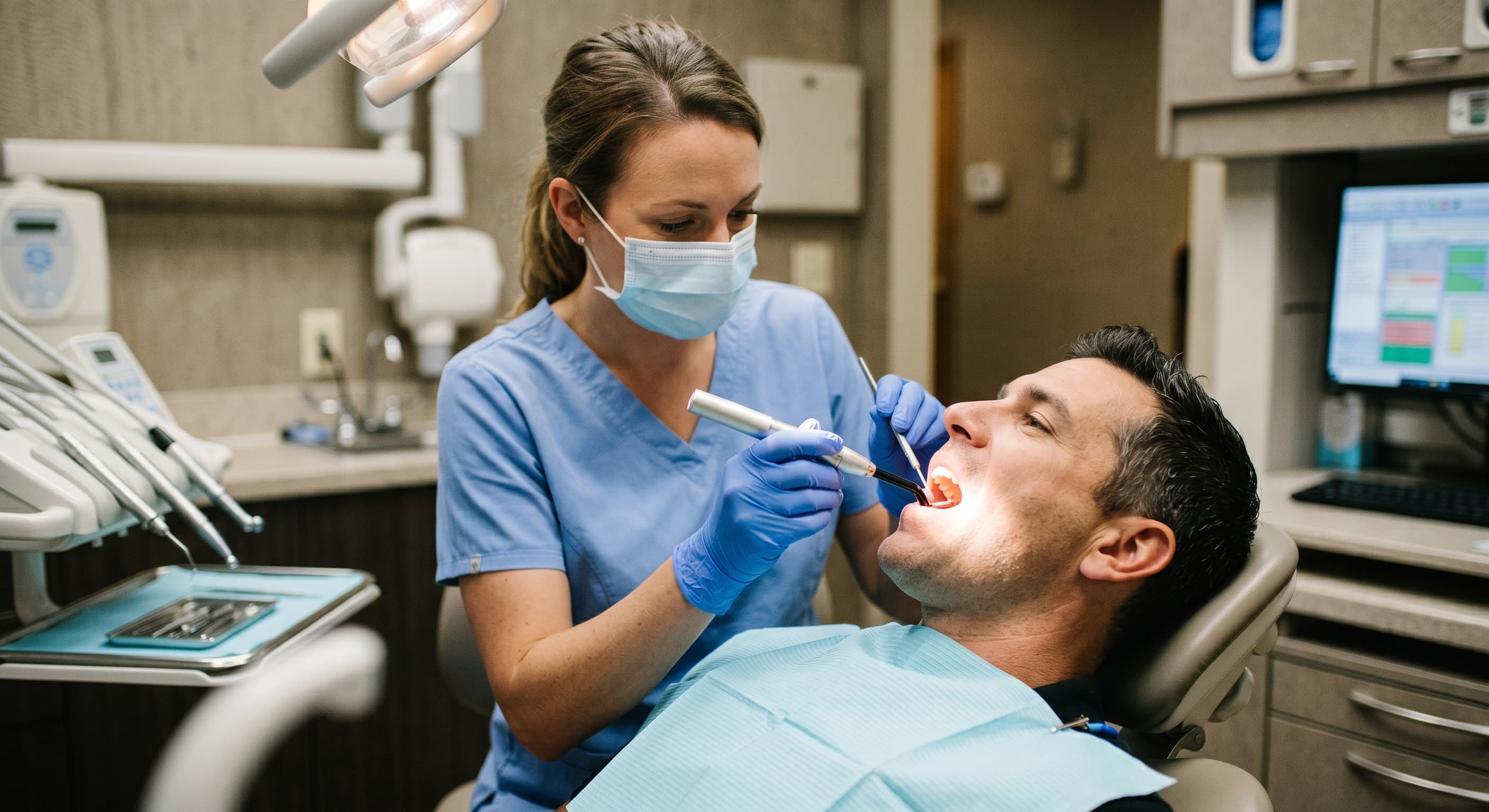 Dentist Examining Patient Mouth with Light During Oral Screening