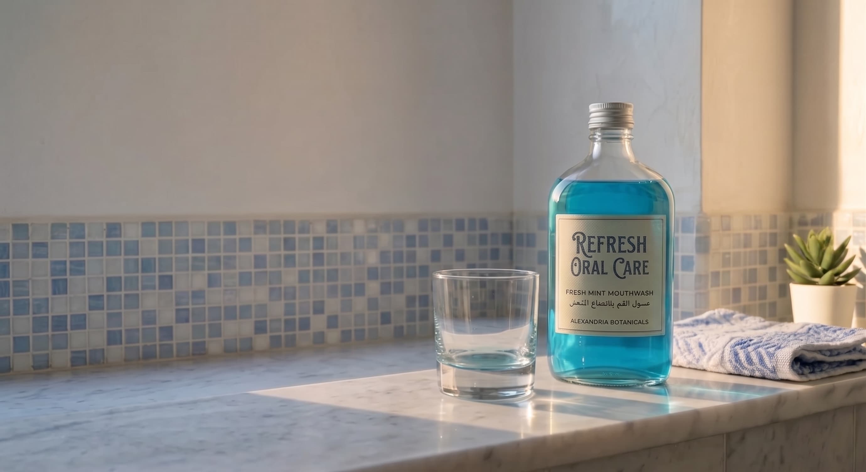 Mouthwash Bottle and Glass on Clean Bathroom Shelf Morning Light
