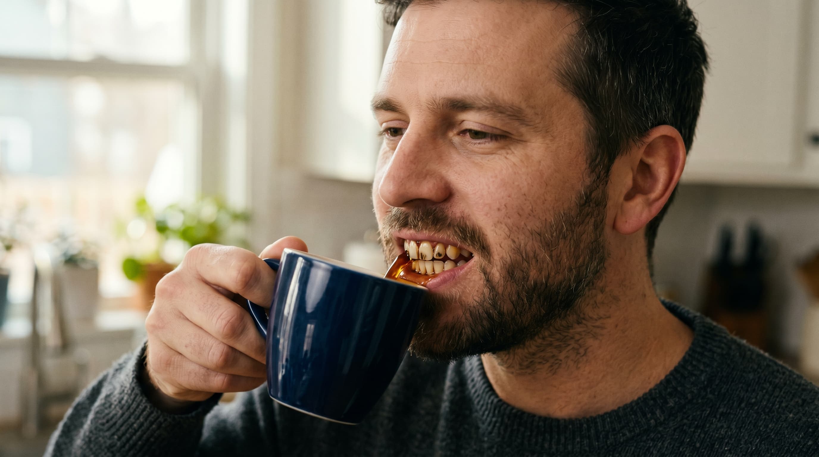 Person Smiling Holding Coffee Cup Near Bright White Teeth