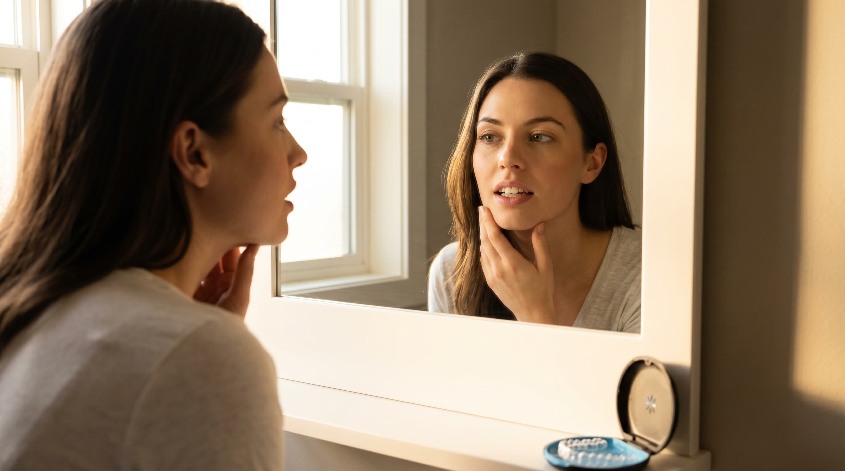 Woman Examining Her Smile in Mirror Considering Clear Aligners